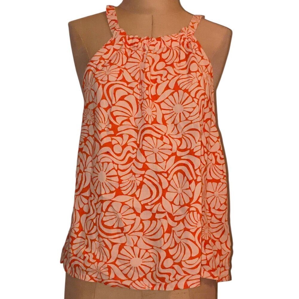 100% Linen Tank Top Rachel Zoe Size Large Orange & Cream Beach Swimsuit Cover Ca